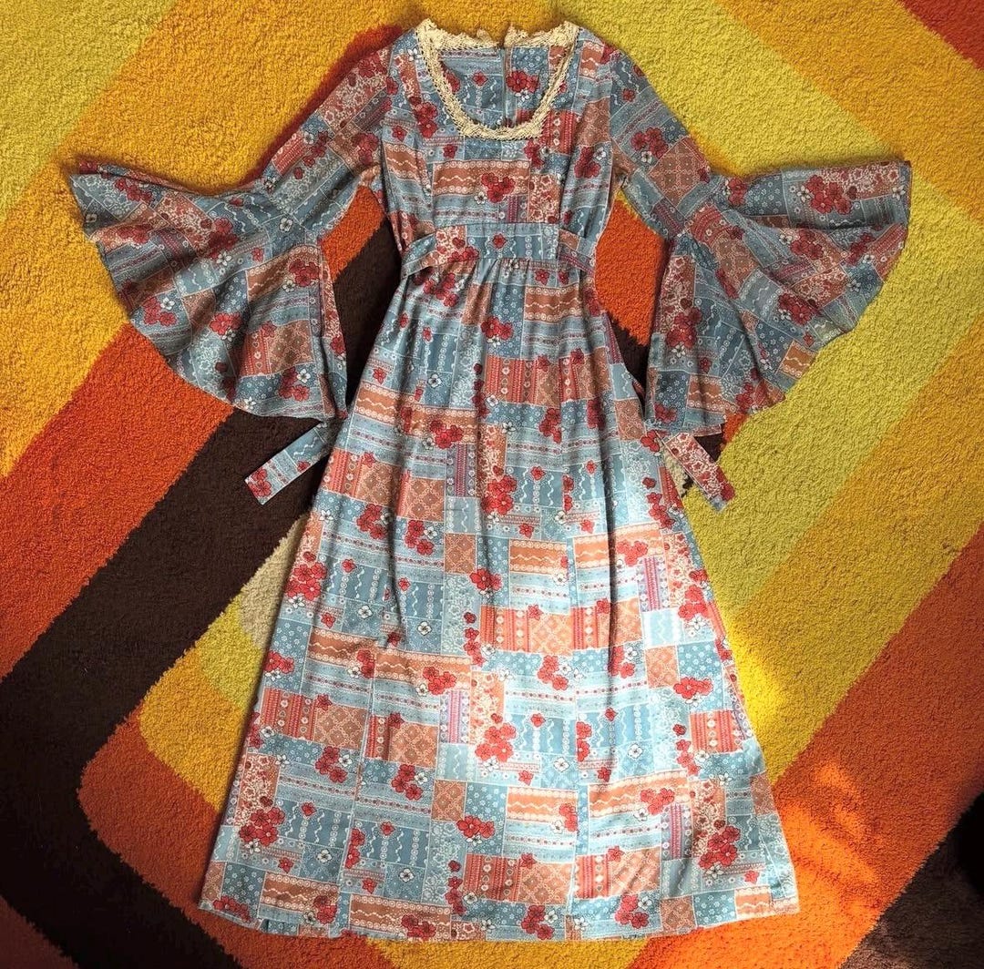 Vintage 1970s Blue Floral Maxi Dress With Dramatic Bell Sleeves Size ...