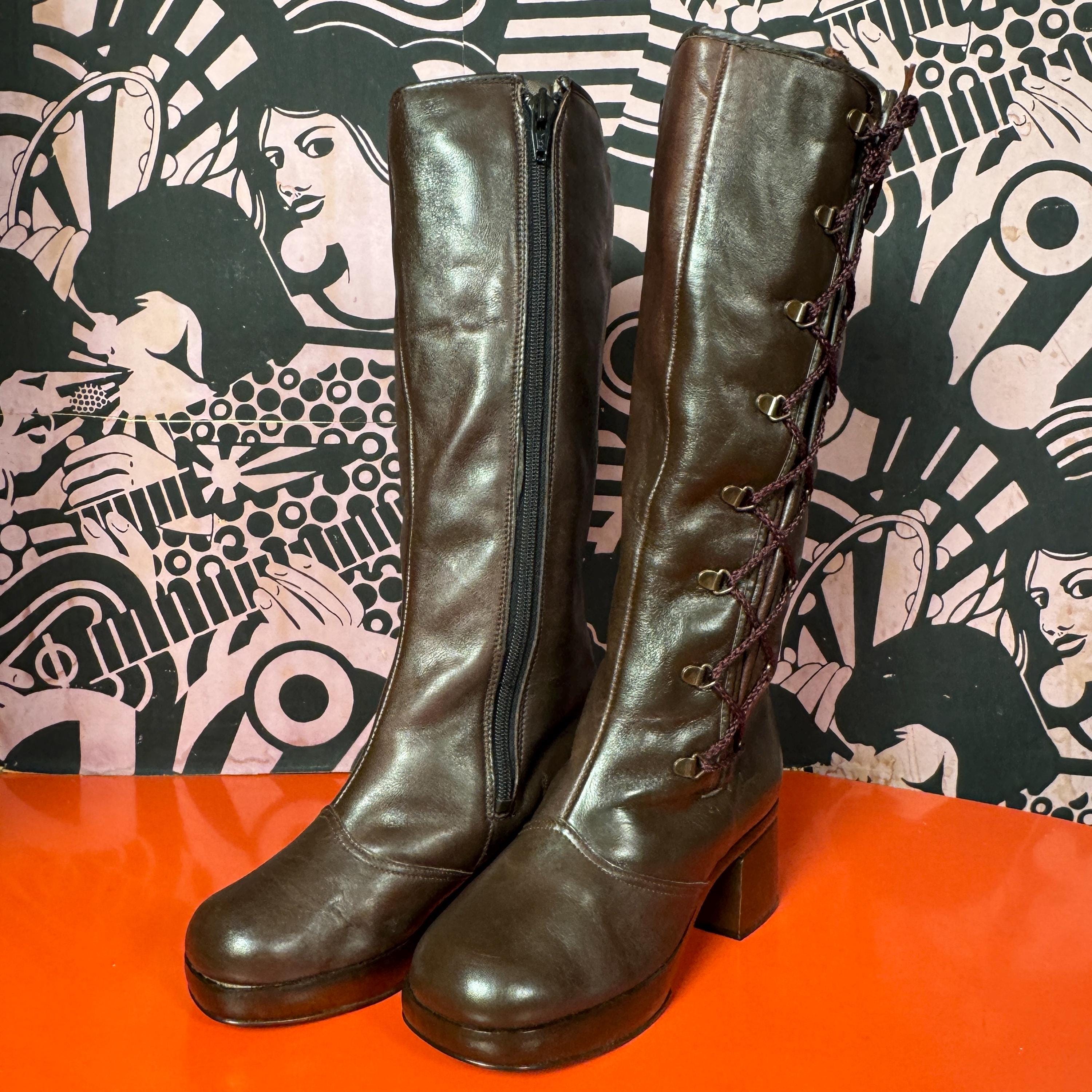 Vintage 1970s Dark Brown Leather Lace-up Knee-high Boots (US Size 6) - Etsy