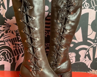 1970s Leather Lace Up Knee High Boots, US Size 6