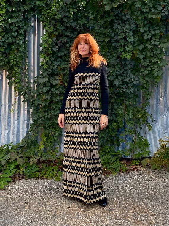 Balmain, Vintage Pierre Balmain Knit Maxi Dress | 1970s Metallic Geometric, Made in France
