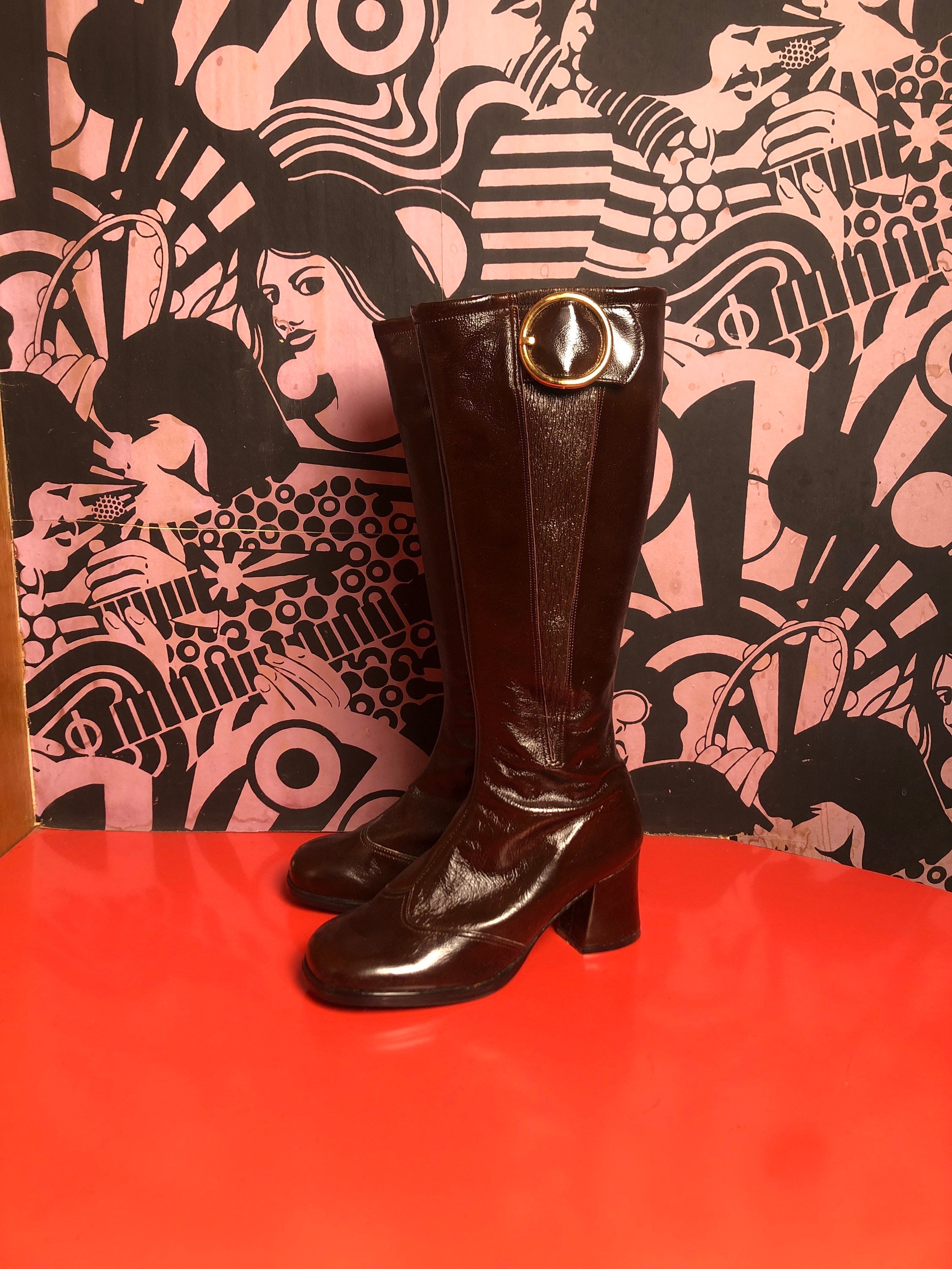 Vintage 70s Faux Leather Heeled Boots, Dark Brown Buckle, US Size 6 - Etsy