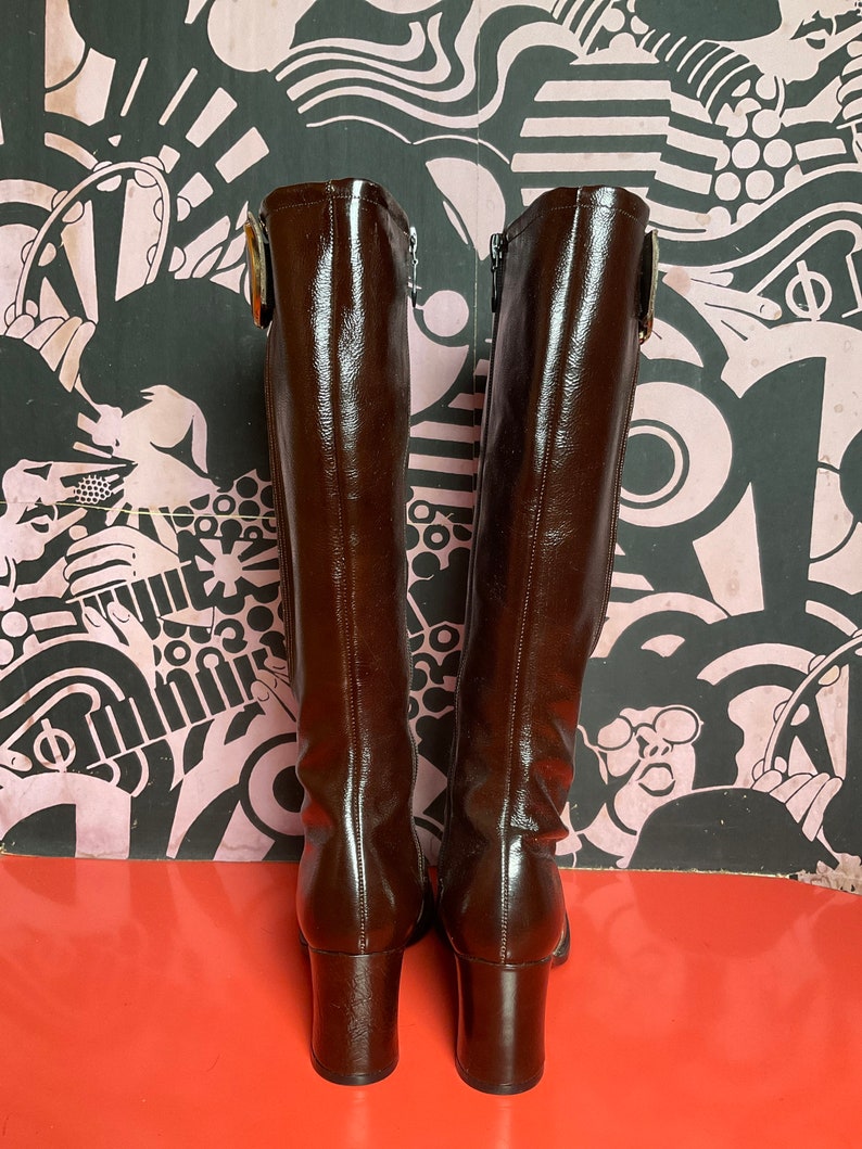 Vintage 70s Brown Faux Leather Heeled Boots, Buckle Detail, US Size 6 ...