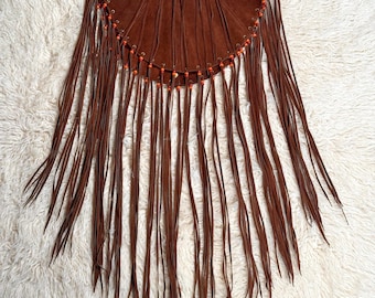 Vintage 1970s Brown Suede Fringe Beaded Poncho | Boho Western Cape | Open Size