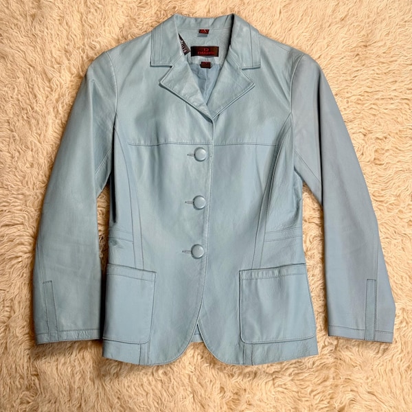 Vintage 1990s Baby Blue Leather Jacket | Tailored Leather Blazer | Size Small