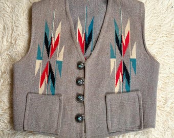 Chaleco de lana Chimayo gris vintage, talla mediana.