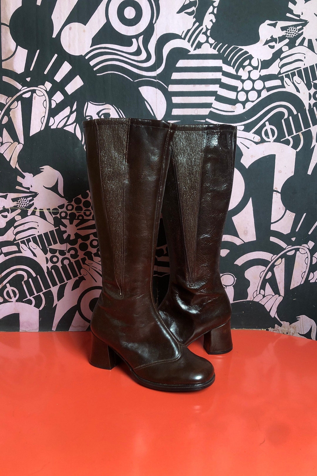 Vintage 70s Brown Faux Leather Heeled Knee High Boots US 5.5 - Etsy