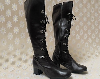Vintage 1970&#39;s Dark Brown Faux Leather Dead Stock Knee High Boots Size US 4.5 US 2 EU 34.5