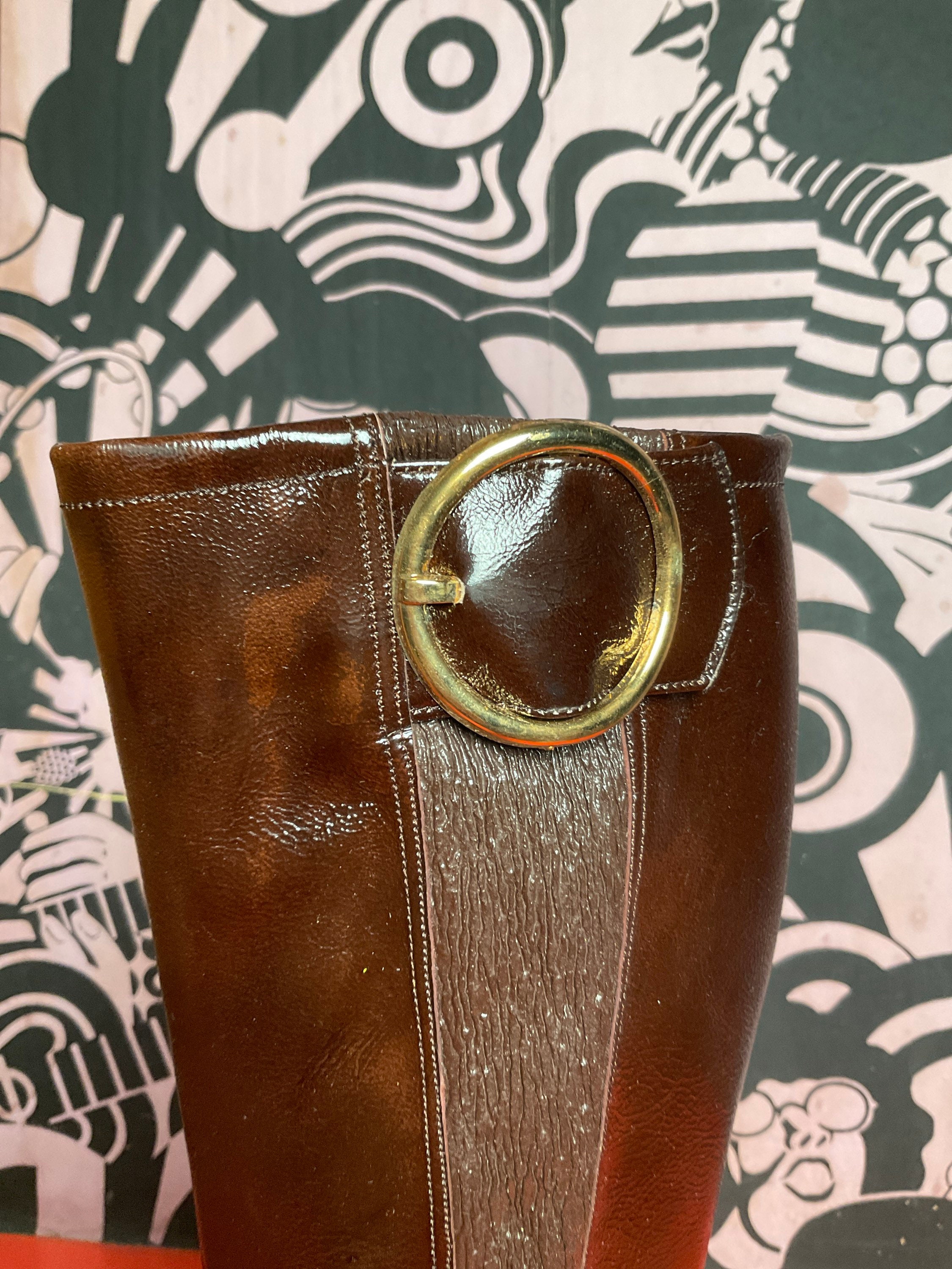 Vintage 70s Brown Faux Leather Heeled Boots, Buckle Detail, US Size 6 ...