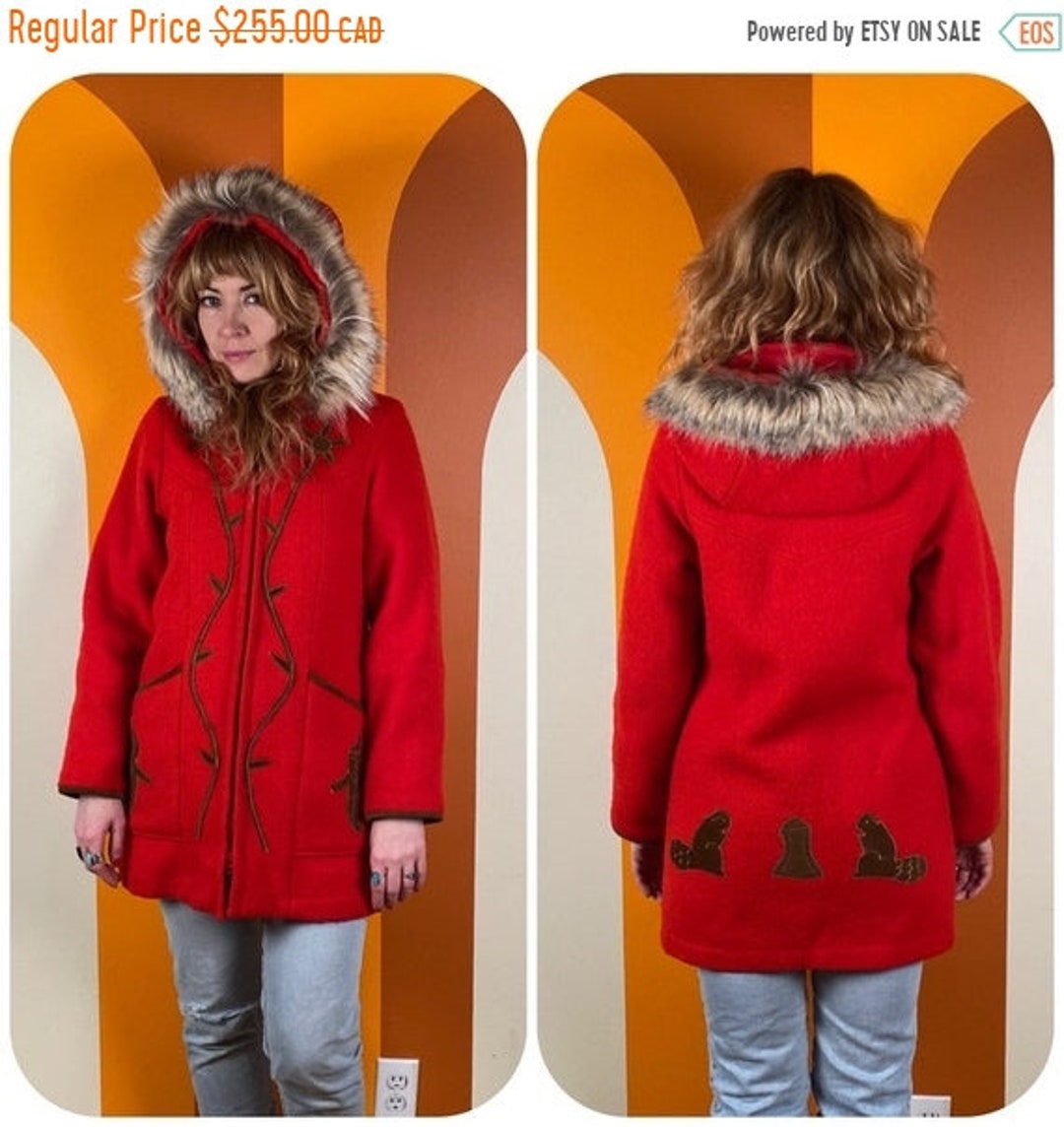 Vintage Red Wool Parka Fur Trimmed Beaver Embroidered Handcrafted Cree of  Beaver Lake Coat Small -  Canada