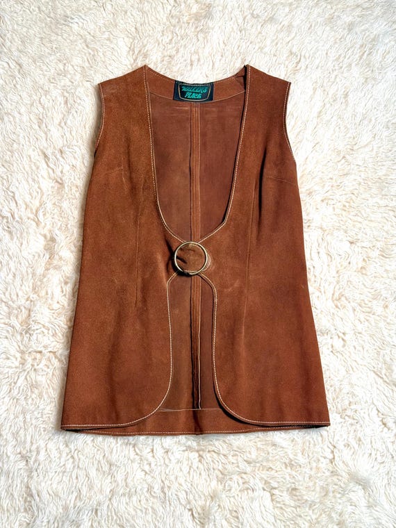 Vintage 1960s–70s Brown Suede Vest | Walker’s Place | Brass Buckle | Tailored Fit | M