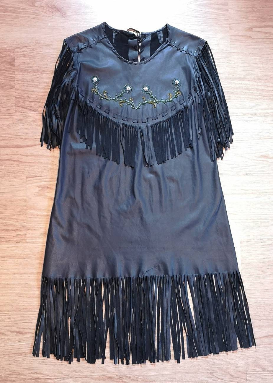 Vintage Beaded Black Leather Fringe Dress | Etsy