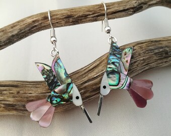 Hummingbird Earrings, Boho Chic Earrings, Bird Earrings, Rainbow Iridescent, Abalone Earrings, Handcrafted, Shell Inlay, Mexican Jewellery