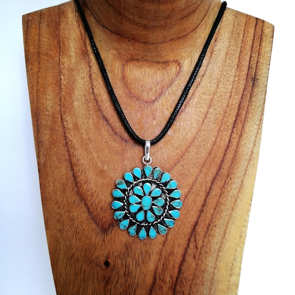 Turquoise Squash Blossom Necklace, Mexican Jewellery, Navajo Style Pendant, Turquoise Pendant, Southwestern Style, Enamel, Silver Plated