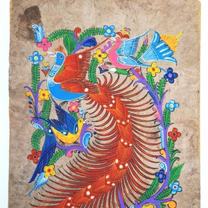 Mexican Bark Painting, Quetzal Birds, Mexican Folk Art, Summer Decor, Housewarming Gift, Mexican Decor, Hand Painted Bark Paper, 24&quot; x 16&quot;