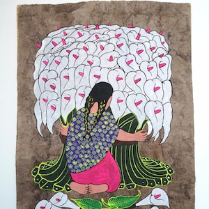 Mexican Bark Painting, Indigenous Folk Art, Boho Decor, Housewarming Gift, Wall Art, Mexican Decor, Calla Lilies Art, 24&quot;x16&quot;