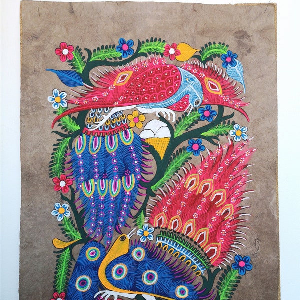 Oiseaux tropicaux, Art populaire mexicain, Cadeau de pendaison de crémaillère, Tableau mexicain, Idée cadeau insolite, Décoration mexicaine, Peint à la main, Papier écorce, 60 x 40 cm