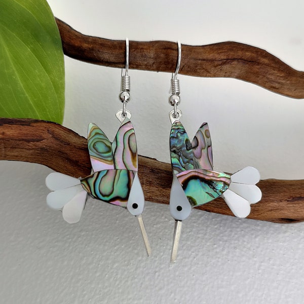 Hummingbird Earrings, Boho Chic Earrings, Bird Earrings, Rainbow Iridescent Shell Inlay, Abalone Earrings, Handcrafted Mexican Jewellery