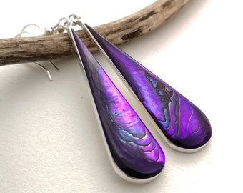 Larmes mauves, Boucles d'oreilles longues, Bijoux mexicains, Boucles d'oreilles tendance, Boucles d'oreilles abalone, Pourpre irisé, Incrustation de coquillages, Plaqué argent