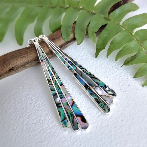 Art Deco Fan Earring, Abalone Earrings, Mexican Jewellery, Iridescent Abalone, Mexican Earrings, Boho Chic, Handcrafted, Silver Plated