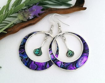 Boucles d’oreilles Statement Hoop, Boucles d’oreilles Abalone, Grands Cerceaux, Boucles d’oreilles violettes, Coquille irisée, Bijoux mexicains, Boucles d’oreilles Boho, Plaqué argent