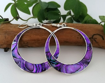 Vintage Alpaca Mexico Earrings: Purple Abalone Shell Boho Jewelry 