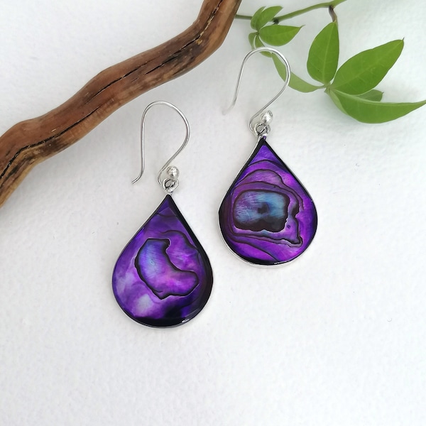Purple Earrings, Abalone Teardrops, Mexican Jewellery, Abalone Earrings, Shell Jewellery, Purple Teardrops, Handcrafted, Silver Plated