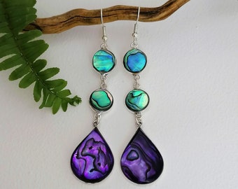 Larmes violettes, boucles d’oreilles extra longues, bijoux mexicains, boucles d’oreilles de déclaration, boucles d’oreilles d’ormeau, violet irisé, incrustation de coquille, plaqué argent