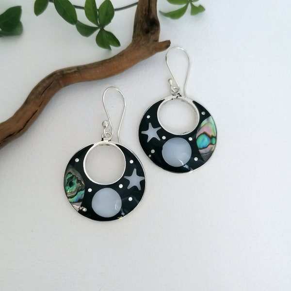 Moon and Star Earrings, Mother of Pearl Abalone Jewellery, Hoop Earrings, Celestial Earrings, Handcrafted Mexican Jewellery, Silver Plated