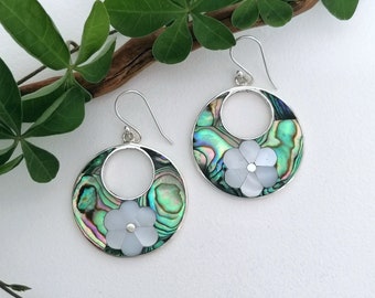 Abalone Hoops, Mother of Pearl Inlay, Hoop Earrings, Mexican Jewellery, Boho Earrings, Abalone Earrings, Silver Plated, Flower Earrings