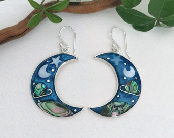 Moon & Star Earrings, Enamel and Mother of Pearl Abalone Shell Inlay, Celestial Earrings, Capricorn Birthday Earrings, Mexican Jewellery