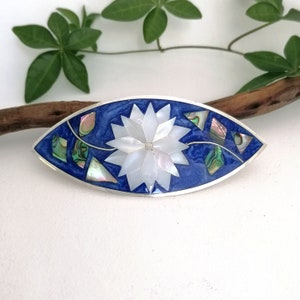 Mother of Pearl & Enamel Barrette, Blue Hair Clip, Handcrafted Mexican Jewellery, Statement Hair Accessory, Abalone Shell, Silver Plated