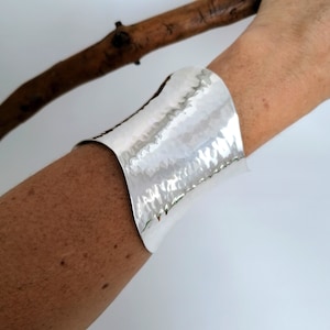 Wide Hammered Cuff, Wave Statement Bracelet, Handmade Contemporary Jewellery, Silver Plated