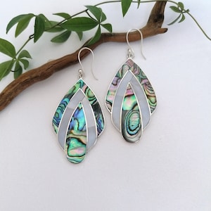 Art Nouveau Fan Earrings, Abalone Shell Inlay, Mother of Pearl Earrings, Handcrafted Mexican Jewellery, Large Statement Earrings