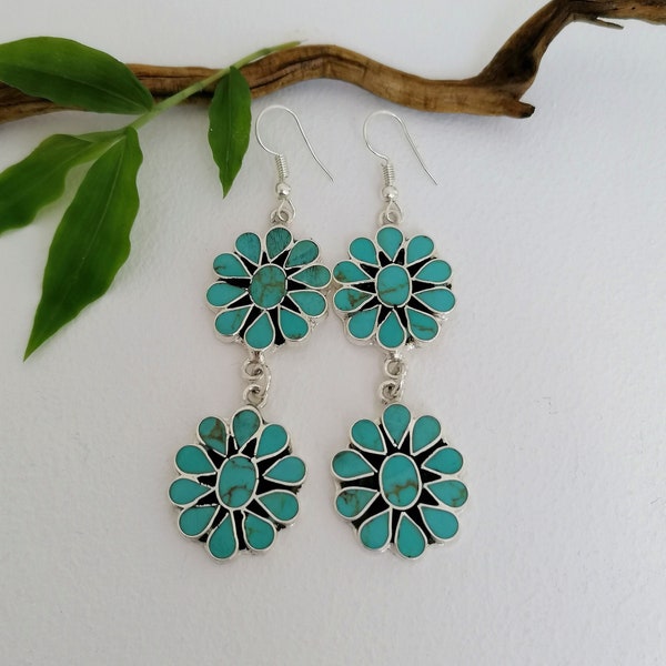 Turquoise Squash Blossom Earrings, Mexican Jewellery, Navajo Style Earrings, Turquoise Earrings, Southwestern Style, Enamel, Silver Plated