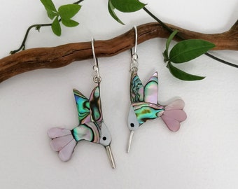 Hummingbird Earrings, Abalone Shell Earrings, Boho Chic Jewelry, Rainbow Iridescent Shell, Handcrafted Mexican Jewellery, Silver Plated