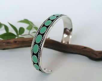 Turquoise Bracelet, Handcrafted Mexican Jewellery, Navajo Style Cuff, Turquoise Enamel Inlay, Southwestern Style Cuff, Silver Plated