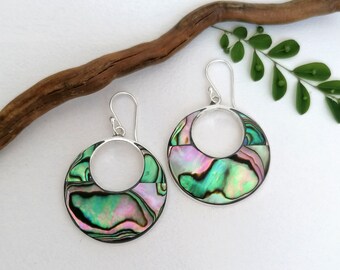 Abalone Hoop Earrings, Vibrant Rainbow Iridescence, Handcrafted Shell Inlay