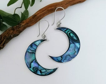 Blue Abalone Moon Earrings, Handcrafted Shell Inlay, Boho Chic Celestial Jewelry