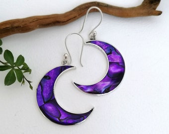 Crescent Moon Earrings, Purple Earrings, Abalone Earrings, Moon Earrings, Celestial Jewellery, Abalone Shell, Boho Earrings, Silver Plated