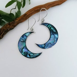 Crescent Moon Earrings, Teal Blue Earrings, Abalone Shell, Moon Earrings, Statement Earring, Abalone Jewelry, Boho Earrings, Mexican Jewelry