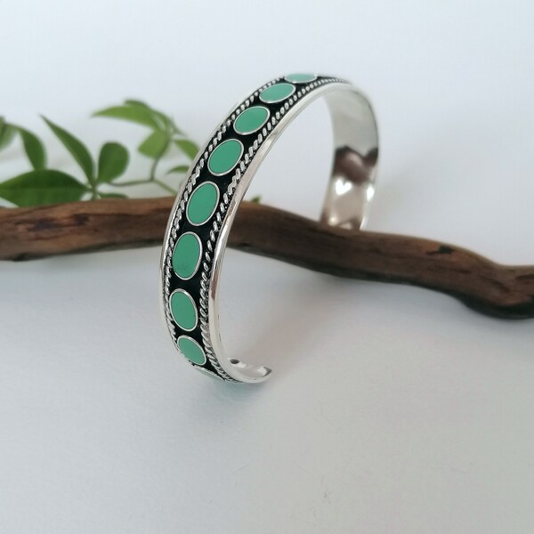 Turquoise Bracelet, Handcrafted Mexican Jewellery, Navajo Style Cuff, Turquoise Enamel Inlay, Southwestern Style Cuff, Silver Plated