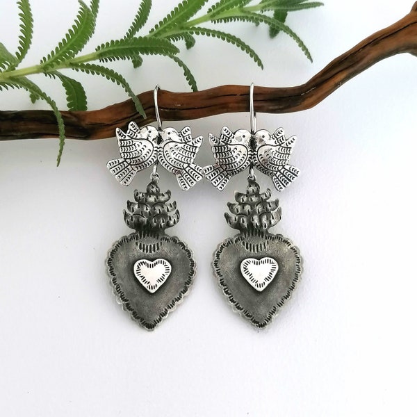 Sacred Heart Earrings, Mexican Jewellery, Love Birds, Milagro Jewellery, Statement Earrings, Ex Voto Earrings, Handcrafted, Sterling Silver