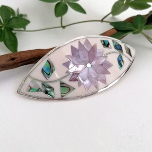 Queen Conch Shell & Enamel Inlay Hair Clip, Handcrafted Mexican Jewelry, Floral Barrette, Pink Hair Clip, Abalone Shell Inlay, Silver Plated