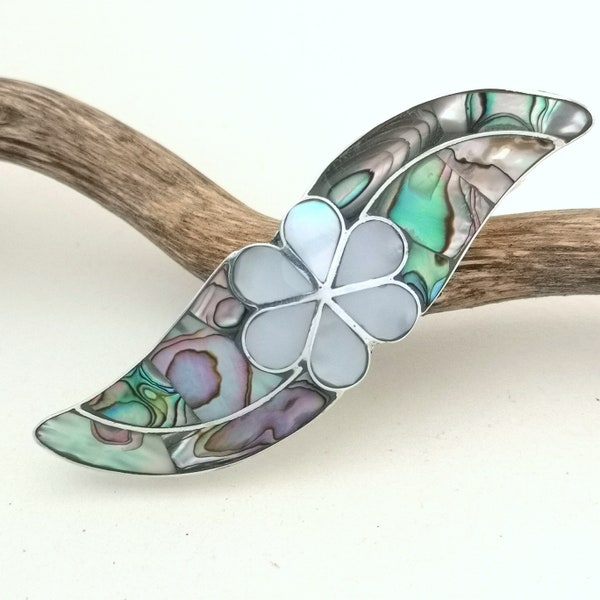 Hair Barrette, mother of Pearl & Abalone Flower Hair Clip, Art Nouveau Design, Handcrafted Mexican Jewellery, Artisan Shell Inlay