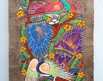Mexican Folk Art Tropical Birds Painting, Hand Painted on Amate Bark Paper (60x40cm)
