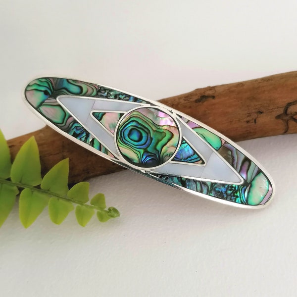 Abalone Hair Clip, Mother of Pearl Barrette, Art Deco Barrette, Hair Accessories, Mexican Jewellery, Geometric Hair Clip, Silver Plated