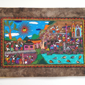 Mexican Folk Art, Original Artwork, Mexican Decor, Mexican Painting, Hand Painted, Bark Paper, Harvest festival, Wall Art, 24&quot; x 16&quot;