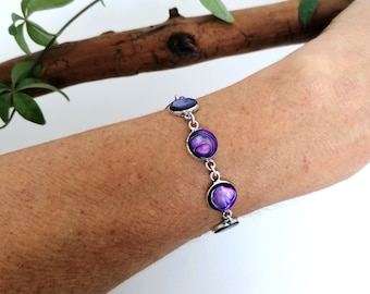 Abalone Bracelet, Handcrafted Mexican Jewellery, Iridescent Purple Shell Inlay, Dainty Bracelet, Purple Bracelet, Silver Plated