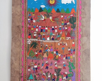Arte popular indígena mexicano, escena de festival de la cosecha, regalo de inauguración de casa, papel de corteza pintado a mano