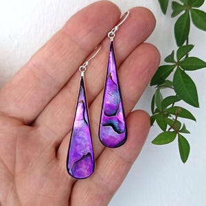 Long Purple Abalone Teardrops, Boho Chic Statement Earrings, Handcrafted Shell Inlay Jewellery